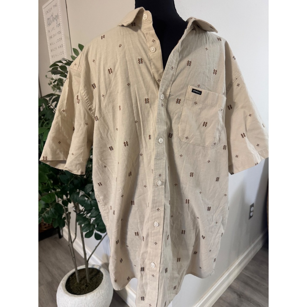 O'Neill Mens Beige Geometric Diamond Print Short Sleeve Button Up Shirt Large